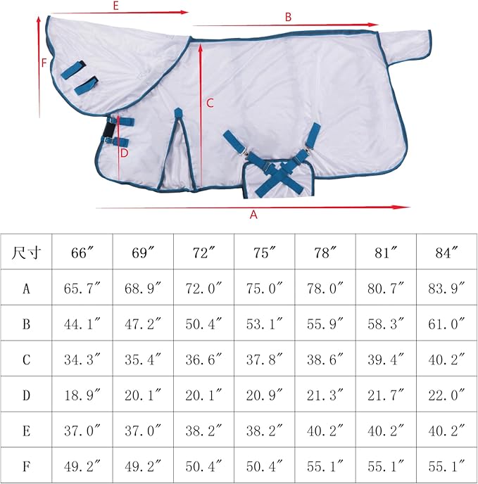 Horse Fly Sheet with Detachable Neck Cover & Belly Wrap, Adjustable Fly Sheet for Horses, Ventilated Airflow Mesh Equine Cooling Summer Flysheet White 66