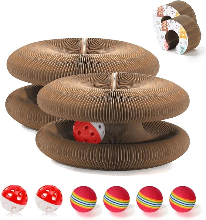 2 PCS Magic Organ Cat Scratcher Board with 6 Balls, Foldable Recyclable Accordion Cats Toy with Ball and Track Adventure, Cat Scratching Pad, Retractable Reversible Furniture Protector(Brown)