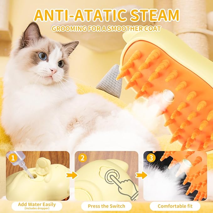 Rechargeable 3in1 Self-Cleaning Cat & Dog Deshedding Brush with 2 Gears for Long & Short Hair - Yellow