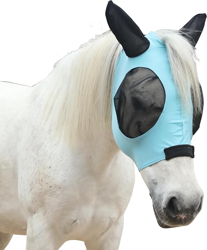 Stretchy Horse Fly Mask for Horses, Soft Lycra Equine Mesh Mask, Elasticity Horse Face Covering, Breathable&UV Protection, Pacific Blue, Cob