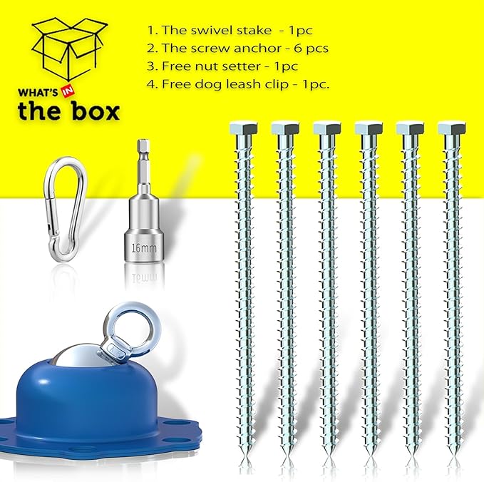 360° Swivel Dog Tie Out Stake with Upgrade 6 Screw Dog Anchors, Heavy Duty & Rust Proof Dog Stake Can Holds 1000Lbs of Pull Force, Up to 150lbs Dogs Perfect to Camping Yard Outdoor (Blue)