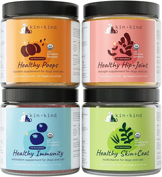kin+kind Superfood Supplement Set for Dogs & Cats - Boost Immunity, Promotes Healthy Skin & Coat, Hip & Joint, Healthy Digestion - Made in USA - Superset (4 x 4 oz)