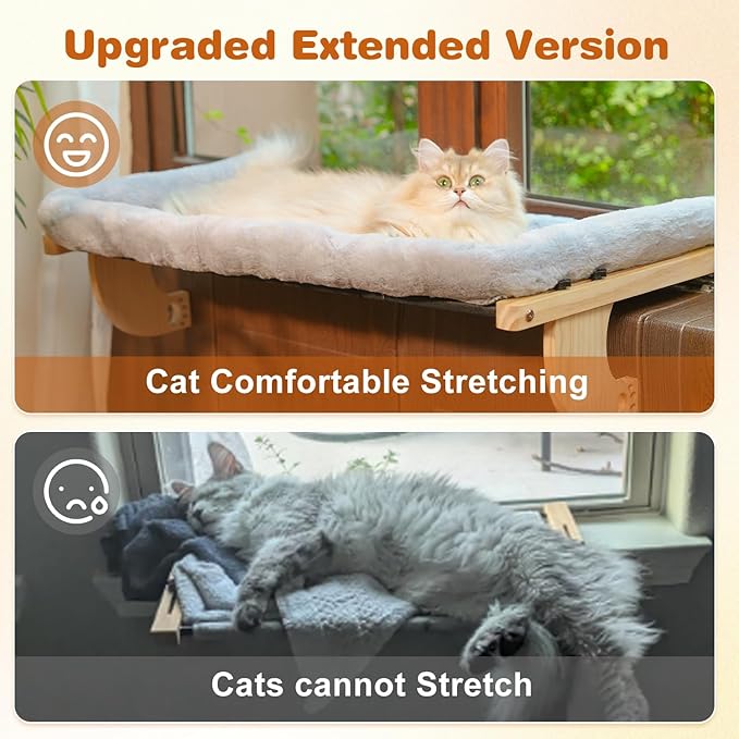 Oversized Cat Window Perch, 31.5 x 14.96 in, Cat Window Hammock with Plush Bolster for Large Felines and Multi Felines, Adjustable Cats Bed for Windowsill, Bedside, Cabinet & Drawer (Gray)