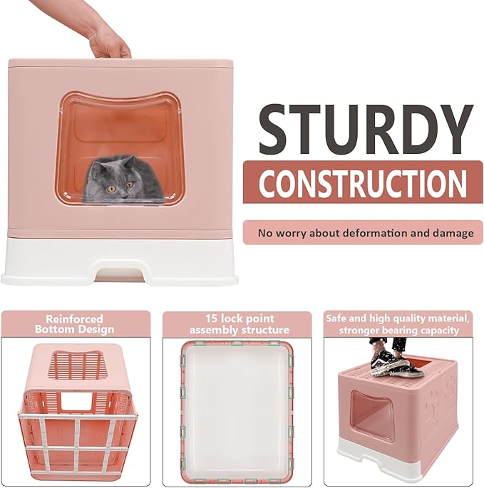 XL Foldable Cat Litter Box with Lid - Jumbo Enclosed Potty - Top Entry Anti-Splashing Toilet - Includes Scoop & 2-in-1 Cleaning Brush (Pink)