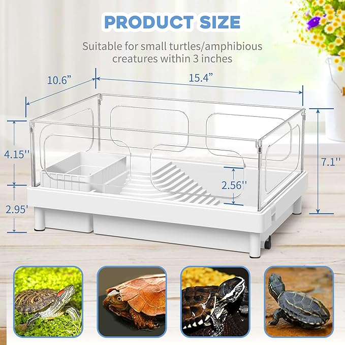 Small Turtle Tank, Aquarium, Acrylic Terrarium with Basking Platform, Bottom Drainage, Multi-Function Areas for Turtles, Crabs, Crayfish, Reptiles.