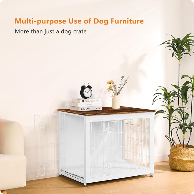 DWANTON Dog Crate Furniture with Cushion, Wooden Kennel Table with Double Doors, Indoor Dog House, Medium Size, 32.5" L, White+Rustic Brown