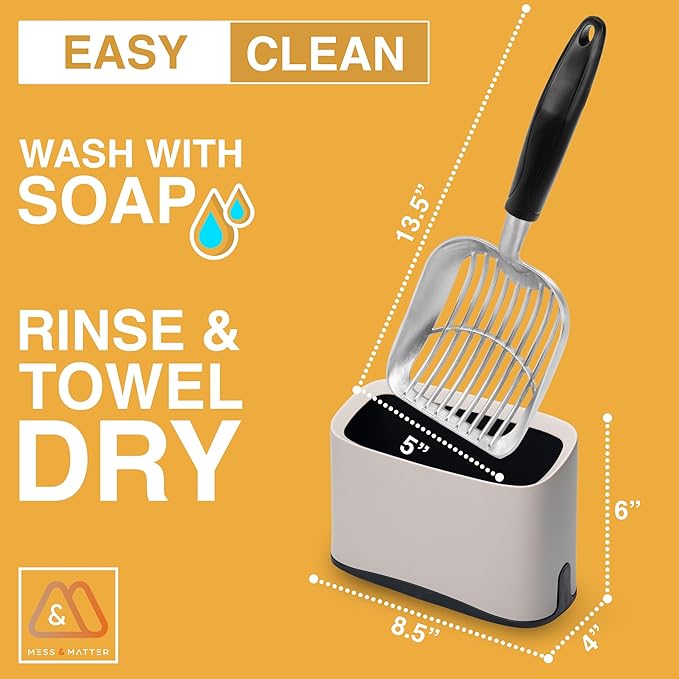 Heavy Duty Full Metal Cat Litter Scoop with Holder - Speed Sifter Litter Box Scooper Captures All Clumps - Kitty Litter Sifting Shovel Comfy Handle - Cat Scooper Includes Litter Bags & Non-Slide Clip