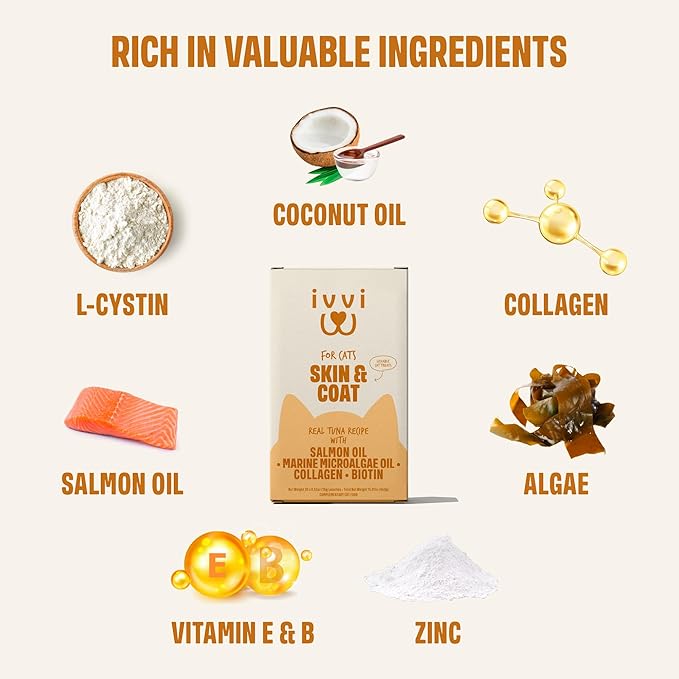ivvi Skin & Coat for Cats – Functional Creamy Snack with Salmon Oil, Algae Oil, Zinc, Collagen & Biotin – Supports Skin and Fur Health – 30 x 0.53 oz Sachets – with Real Tuna