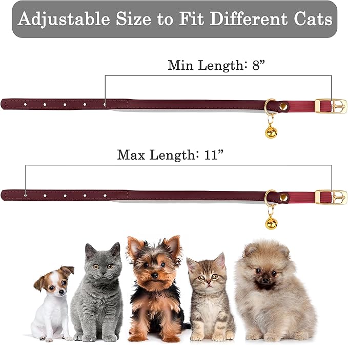 OOPSDOGGY Rolled Leather Cat Collar with Bell - Reflective Kitten Collar with Safety Elastic Strap - Adjustable Small Pet Collars for Boy Girl Cats (Burgundy)