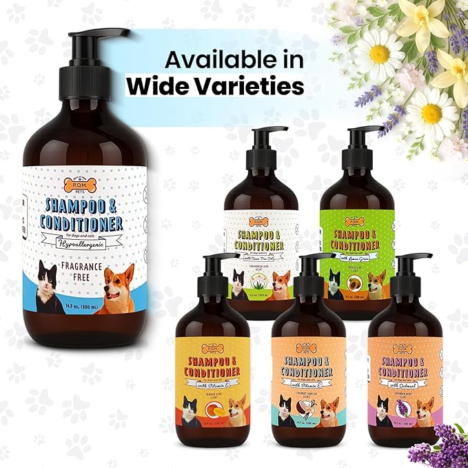 POM Pets 2-in-1 Organic Dog Shampoo & Conditioner – Itchy Skin Relief, Dog Deshedding, Detangles Fur, Cat Shampoo, Paw Cleaner for Dogs, Natural Coat Defense Formula
