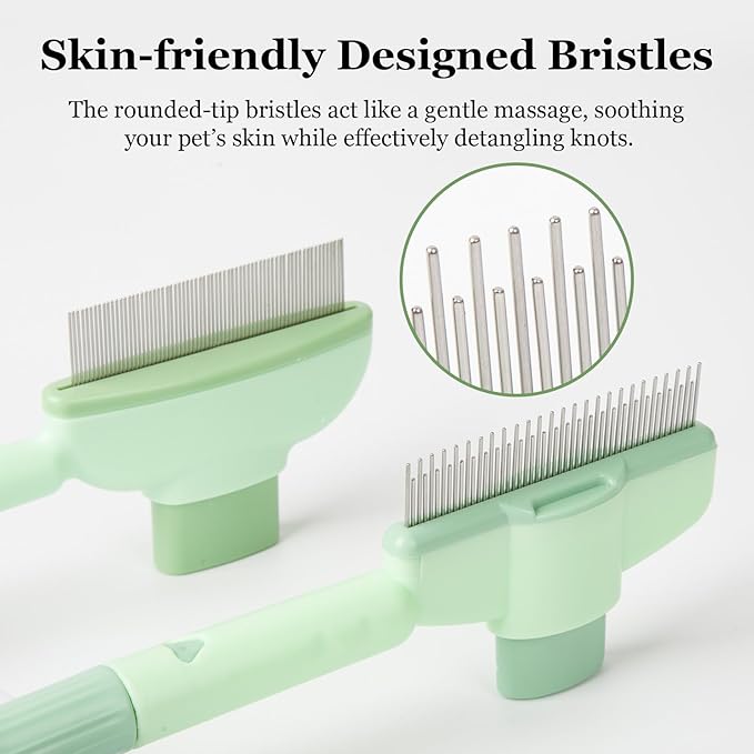 Pet Comb for Cats & Dogs, One-Touch Hair Release Button, Dense-Tooth & Mixed-Length Teeth 2-Piece Set, for Long & Short Hair, Gentle Pain-Free Design (Green)