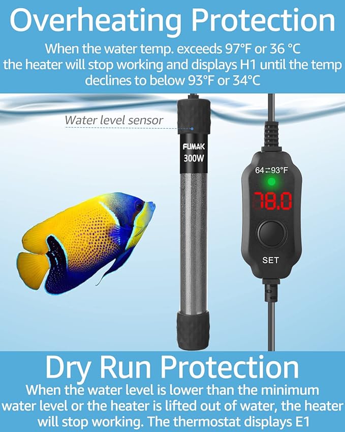 300W Adjustable Aquarium Heater Super Short Submersible Fish Tank Heater Fish Heater with LED Digital Display Thermostat, for Tanks 40-60 Gallons