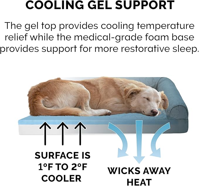 Furhaven Cooling Gel Dog Bed for Large Dogs w/ Removable Bolsters & Washable Cover, For Dogs Up to 95 lbs - Pinsonic Quilted Paw L Shaped Chaise - Bluestone, Jumbo/XL