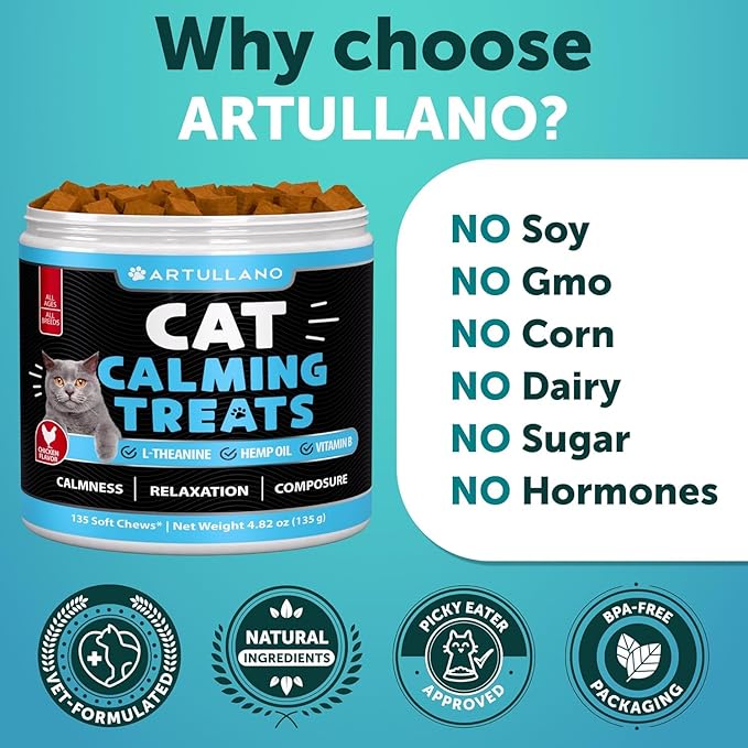 Hemp Cat Calming Treats for Stress & Anxiety Relief - Cat & Kittens - Melatonin - Storm Anxiety, Сomposure, Grooming, Separation, Veterinary Visits, Travel Care - Calming Aid with Hemp Oil - 135 Chews