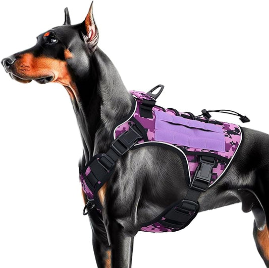 Heavy-Duty Tactical Dog Harness for Large Dogs, No Pull Adjustable Reflective Pet Vest with Molle System, K9 Military-Grade Control for Service Training, Outdoor & 10+ Breeds, Purple Camo, Large