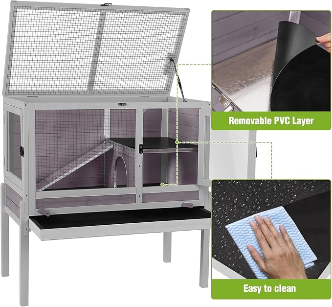 GUTINNEEN Rabbit Hutch Guinea Pig Cages Indoor with Stand Wooden Small Animals Cage Hutch Hamster Cage with Hideout,Pull Out Tray, Anti Chew Ramp (Grey)