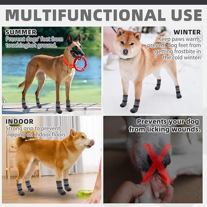 KOOLTAIL Dog Socks to Prevent Licking Paws for Hardwood Floors Anti Slip, Winter Warm Pet Boots&Paw Protector with Grippers, Double Sides Dog Shoes Booties for Small Medium Large Senior Dogs Grey L