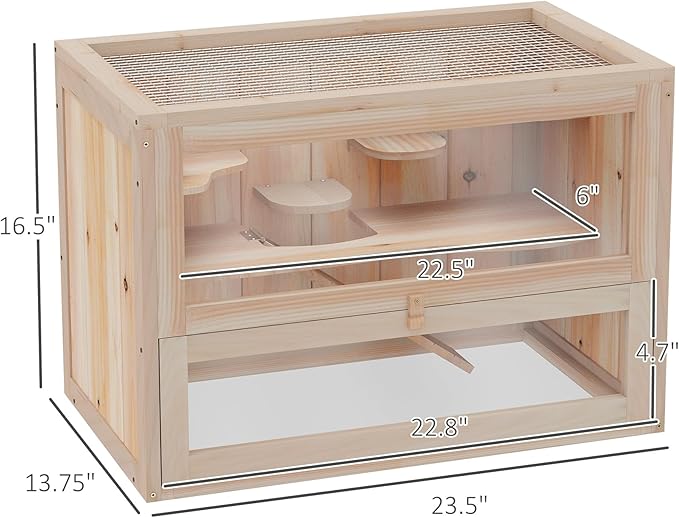 PawHut 2-Level Hamster Cage Mice and Rat House, Small Animal Habitat for Chinchillas with Openable Top, Front Door, Shelf and Ladder, Natural