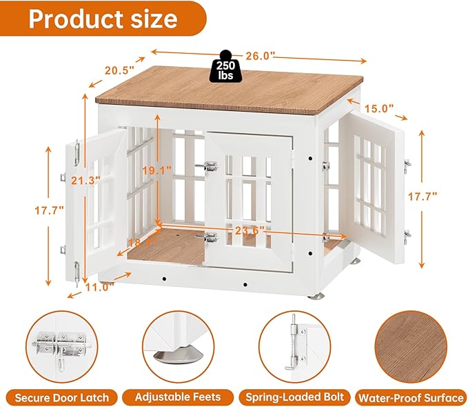 26" Heavy Duty Dog Crate Furniture for Small,Medium and Large Dogs,Rustic Wooden Dog Cage Kennel Indoor Furniture with Waterproof Top,Decorative Pet House Side End Table (White & Wood)
