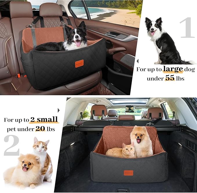 Dog Car Seat for Medium & Large Dogs Up to 55lbs, Memory Foam Cushion, Washable Cover, Safety Straps & Non-Slip Bottom(Black/Brown,Large)