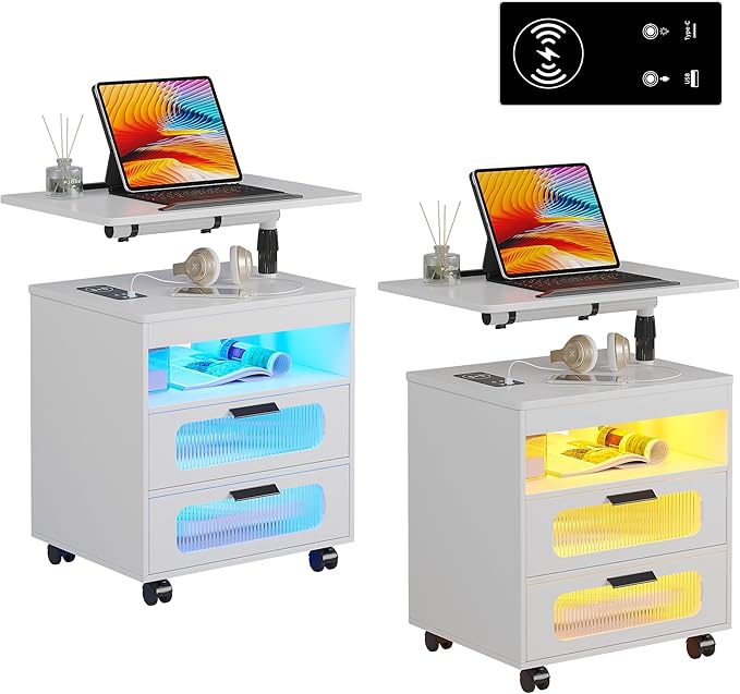 HNEBC Nightstand Set of 2, LED Nightstand with Wireless Charging Station/USB Ports,Smart Nightstand Has Adjustable Rotary Workstation with 2 Drawers,Modern Bedside Table for Bedroom Furniture(White)