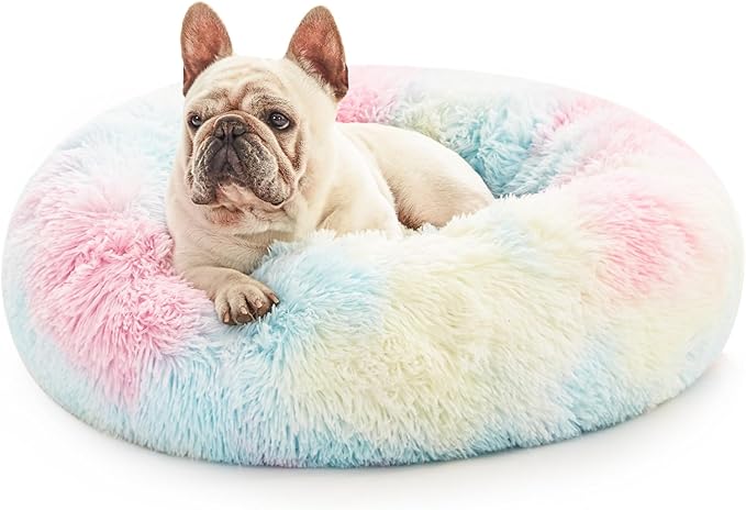 Love's cabin Calming Cat Bed for Indoor Cats,Anti-Anxiety Donut Round Dog Bed,Fluffy Faux Fur Washable Pet Bed for Small Medium Dogs and Cats,Rainbow,20in