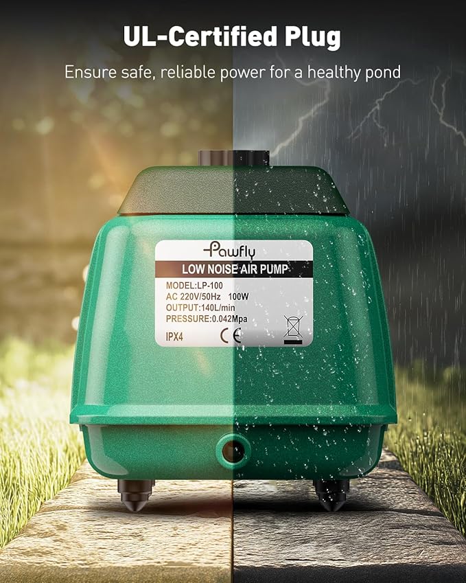 Pawfly Pond Air Pump Outdoor Oxygen Pump for Fish Koi Ponds 3000 to 10000 Gallons Adjustable Pond Garden Aerator Pump Kit with Airline Tubing Control Lever Valves Air Stones and Check Valves