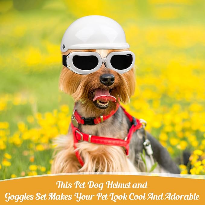 Frienda Dog Helmet and Goggles, UV Protection Doggy Sunglasses and 4 Inch Padded Puppy Motorcycle Helmet Adorable Dog Goggles with Adjustable Belt for Small Dogs Puppy Riding(White,S)