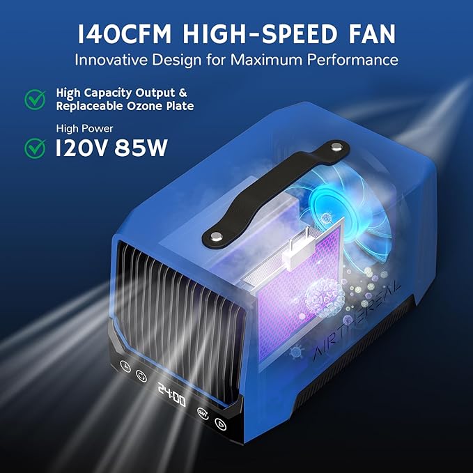 Airthereal DA25 Desktop Ozone Generator, 60,000mg/h High Capacity Odor Eliminator for Smoke, VOCs and Pet Odors, Portable Ozone Machine for Home, Garage & Car, Cover up to 5,000 sq.ft (Blue)