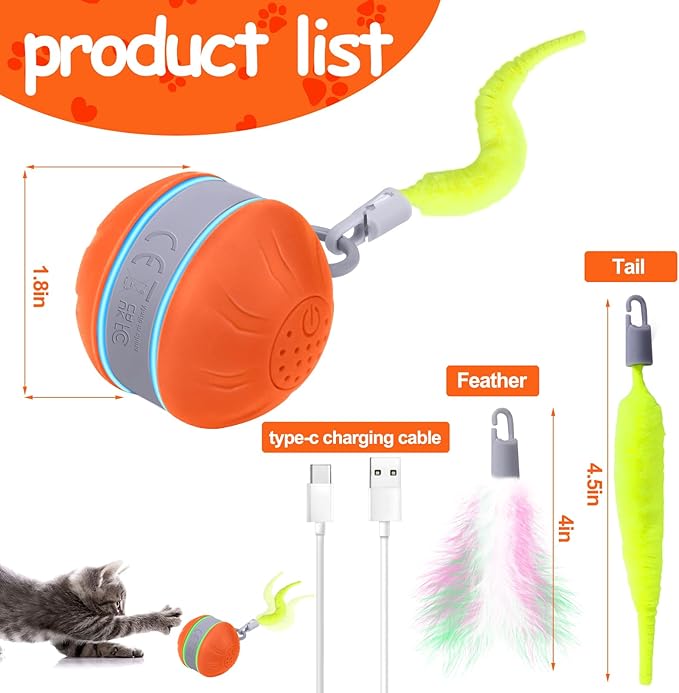 AIERSA Interactive Cat Toys for Indoor Adult Cats, Automatic Self-Play Cat Ball Toy for Kitten to Keep Them Busy, Electric Moving Chase Toy (Orange)