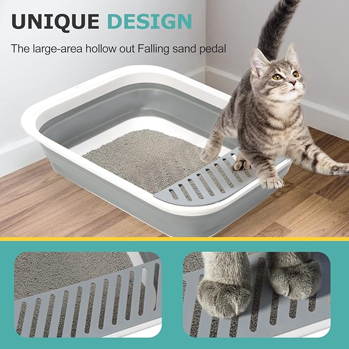 Open Top Cat Litter Box, Large Foldable Kitty Potty with Height-Adjustable Sides and Anti-Splash Design, Easy Clean with Cat Litter Scoop (Gray)