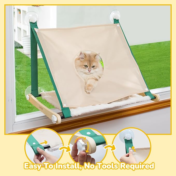 CATISM Cat Window Perch Foldable - Cats Hammock for Window, 2 in 1 Cat Window Hammock Bed for Indoor Cats, Cat Perch with Sturdy Screw Suction Cups for Kittens (Green)