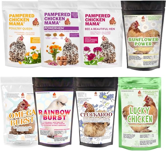 Pampered Chicken Mama Chicken Treat for Hens 8 Pounds Sampler Bundle: 8 Different Treats in One Box! - Grubs, Dried Mealworms, Cracked Corn, Oyster Shell, & Duck Feed