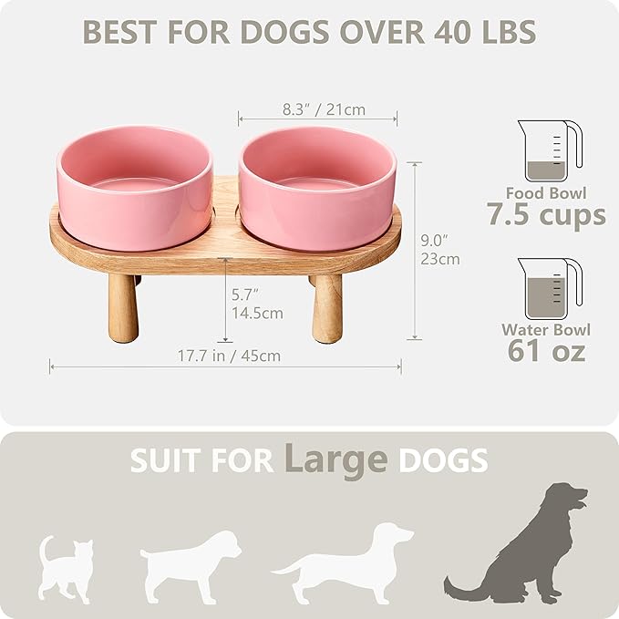 Ceramic Elevated Dog Bowls, Pet Food and Water Bowl Set for Large Dogs, 7.5 Cups Dog Bowls Raised with Wood Stand, 61OZ, Pink