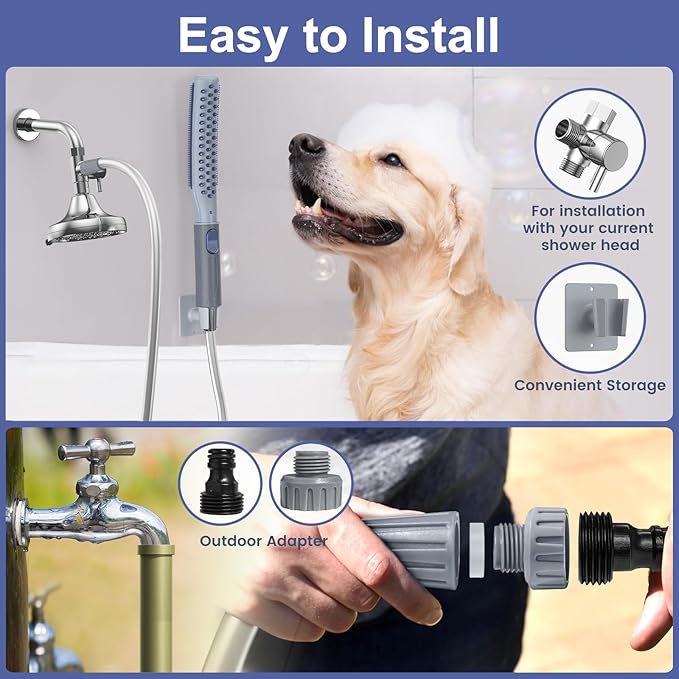 Dog Shower Attachment, Dog Shower With Metal Diverter, Pet Shower Attachment for Fast and Easy Dog Bathing, 3 Spray Modes One-Button Switch 8-Foot Hose For Indoor and Outdoor
