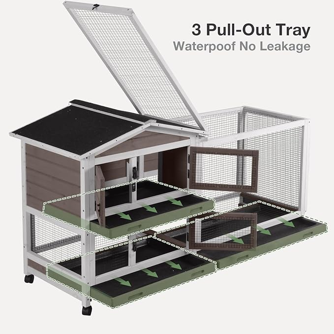 2-Story Indoor Rabbit Hutch with Chew-Proof Outdoor Rabbit Cage with 6 Locking Casters Bunny Cage 2 Pull-Out Trays Guinea Pigs Cage 62" Brown