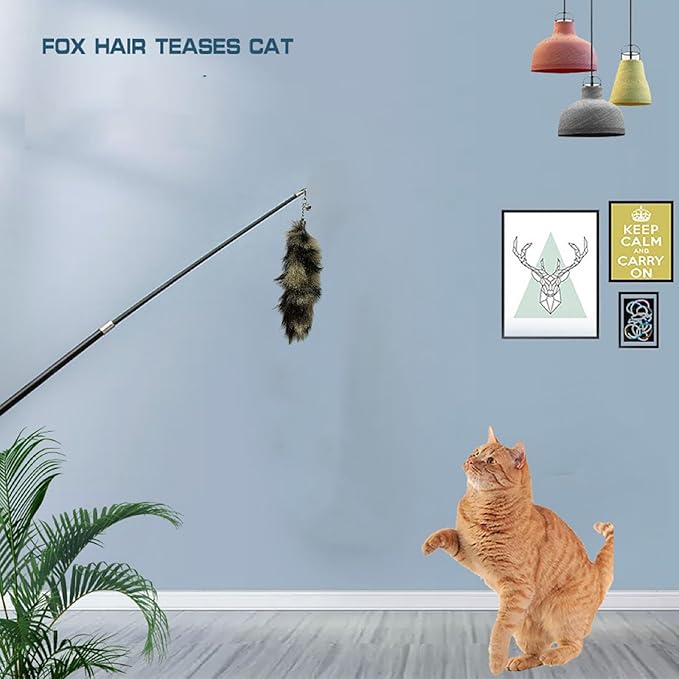 Interactive Cat Wand Toy with Cat Dancer, Retractable Feather Fox Tail Teaser for Indoor Cats, Enrichment Play Kittens to Senior Cats(Moon Grey)