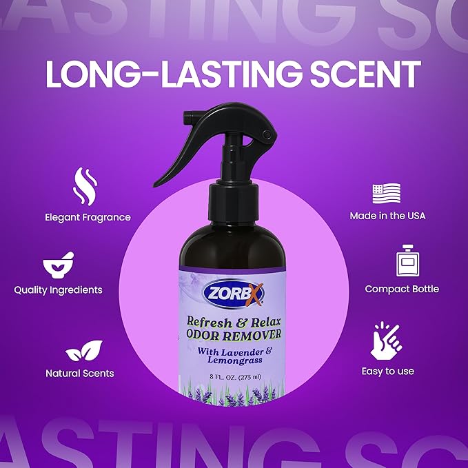 ZORBX Refresh & Relax Odor Remover Spray with Lavender & Lemongrass 8 Oz (Pack of 2) – Permanent Solution Room Freshener & Air Freshener Spray for Home, Bathroom, Furniture, Carpet, Car, Gym & Laundry