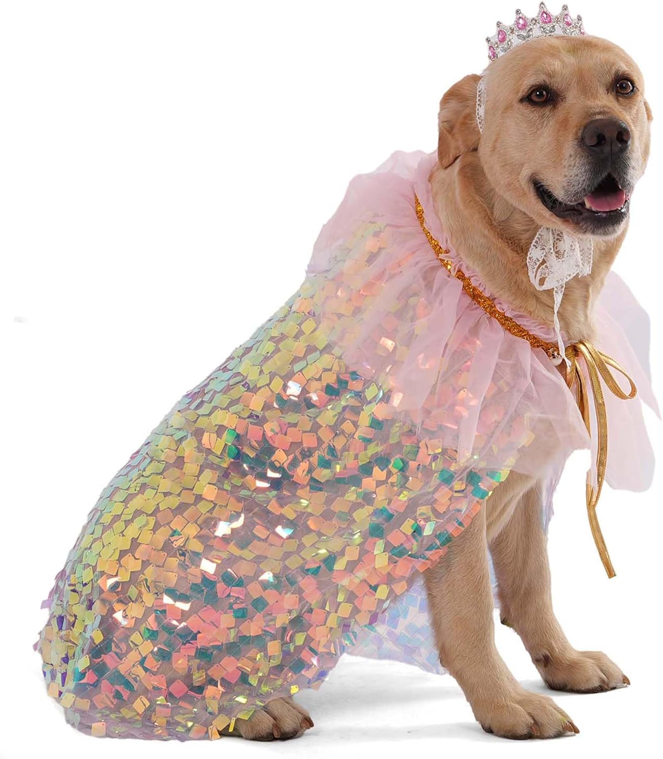 Dog Princess Dress Costume with Rhinestones Crown,Pet Cat Cape Cloak Birthday Party Wedding Dress Up Outfits,Rainbow Mermaid Halloween Costume Clothes (X-Small to X-Large)