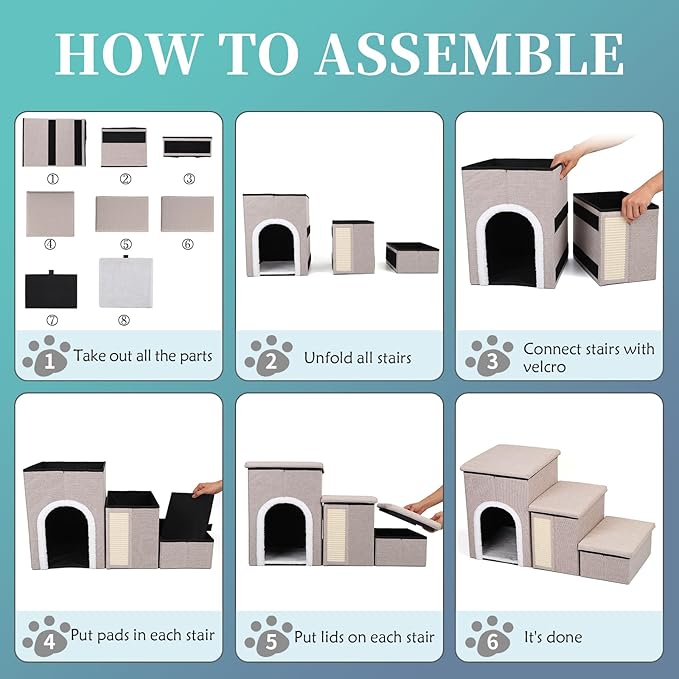 Dog Steps for Bed and Couch, 17”H Foldable Dog Stairs for Small Older Dogs Cats, Adjustable Pet Cat Stairs Ramps with Storage with Condo, Scratcher, Hold Up to 180LBS, Pet Cat Steps Beige