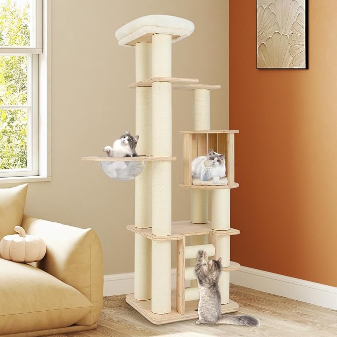 Tangkula 71” Tall Cat Tree, Multi-Layer Wood Cat Tower with Scratching Posts, Perch, Condo, Space Capsule, Ladder, Dangling Ball, Washable Cushions, Modern Cat Tree Tower for Indoor Cats Large Adult
