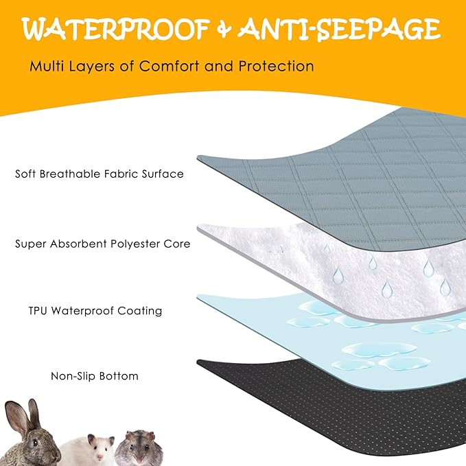 4 Pack Guinea Pig Cage Liners Washable Guinea Pig Bedding Super Absorbent | Waterproof | Non Slip| Reusable Guinea Pig Pee Pads for Small Animals Rabbit Hamster Rat - for Midwest 48" x 24"
