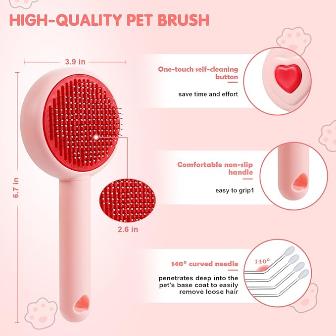 New cat brush&dog brush,pet hair brush with Self Cleaning Button Easy to remove loose undercoat，Needle-tip massage beads, no harm to the skin,Lovely Heart Series(Khaki)