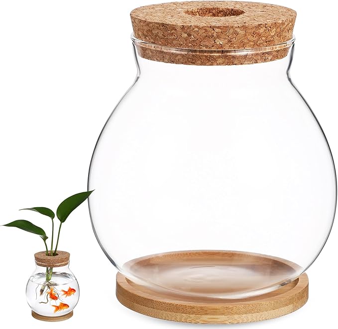 Desktop Fish Bowl Clear Glass Small Betta Fish Tank with Wood Lid and Bamboo Stand Table Hydroponic Plants Terrarium for Home Office Decoration 13 * 14cm