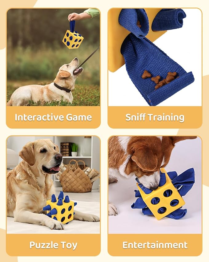 Interactive Puzzle Dog Toy Encourage Natural Foraging Skill, Durable Dog Enrichment Toy Snuffle Cube Cloth Strip with Hide & Seek Food, Slow Feeder for Mind Stimulate & Stress Relief (Yellow)