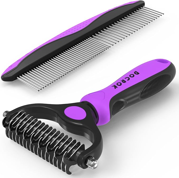 Pet Grooming Brush and Metal Comb Combo - Undercoat Rake for Dematting and Deshedding Long Matted Haired Dogs and Cats, Purple