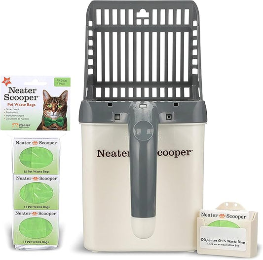 Neater Pet Brands Neater Scooper Standard Cat Litter Scoop, 60 Refill Bags – Mess-Free Cat Litter Scooper with Bag, Spill-Proof Kitty Box Sifter, Bin Doubles as Scoop Holder, For Single-Cat Households
