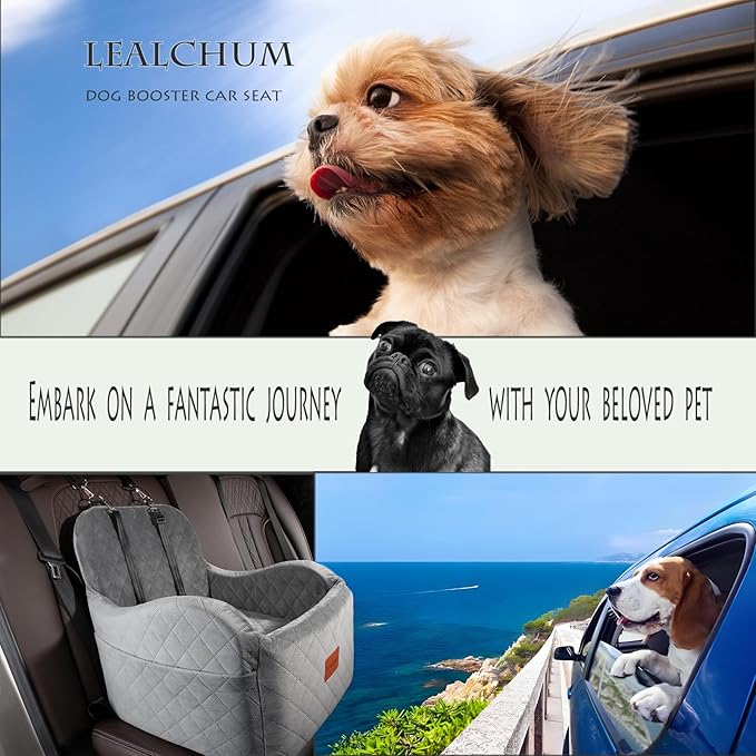 Dog Booster Car Seat for Small/Medium Dogs Up to 35lbs,Ultra Soft Fabric Covered,6in Elevated Cushion,Fully Detachable and Washable,3 Straps & 2 Pockets,Easy to Install(Grey,Medium)