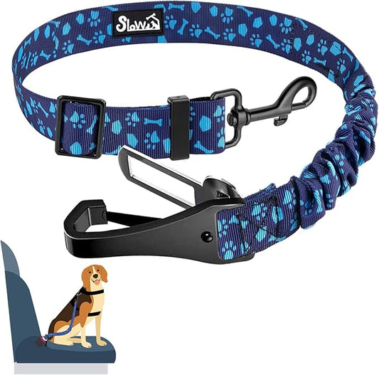SlowTon Dog Seat Belt, Adjustable Dog Safety Belt Leash, 2 in 1 Latch Bar Attachment Dogs Car Seatbelt with Elastic Nylon Bungee Buffer, Reflective Nylon Belt Tether (BL,35.5in)