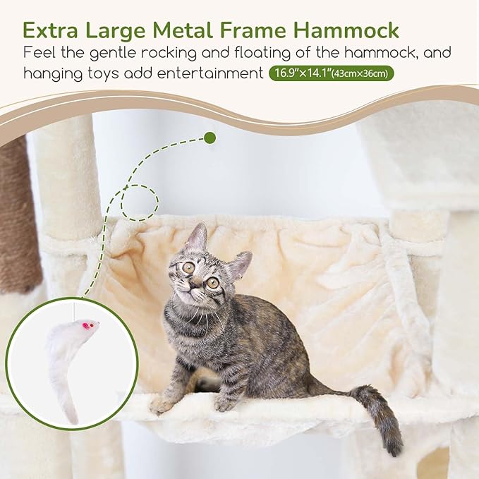 Globlazer Heavy Duty Cat Tree Tower, 70inch Sturdy Cat Tree for Indoor Cats Sturdy Large Cat Tower with Scratching Post and Scratching Board, Hammock, Cat Condo for Adult Cats Kittens, F70 Pro, Beige